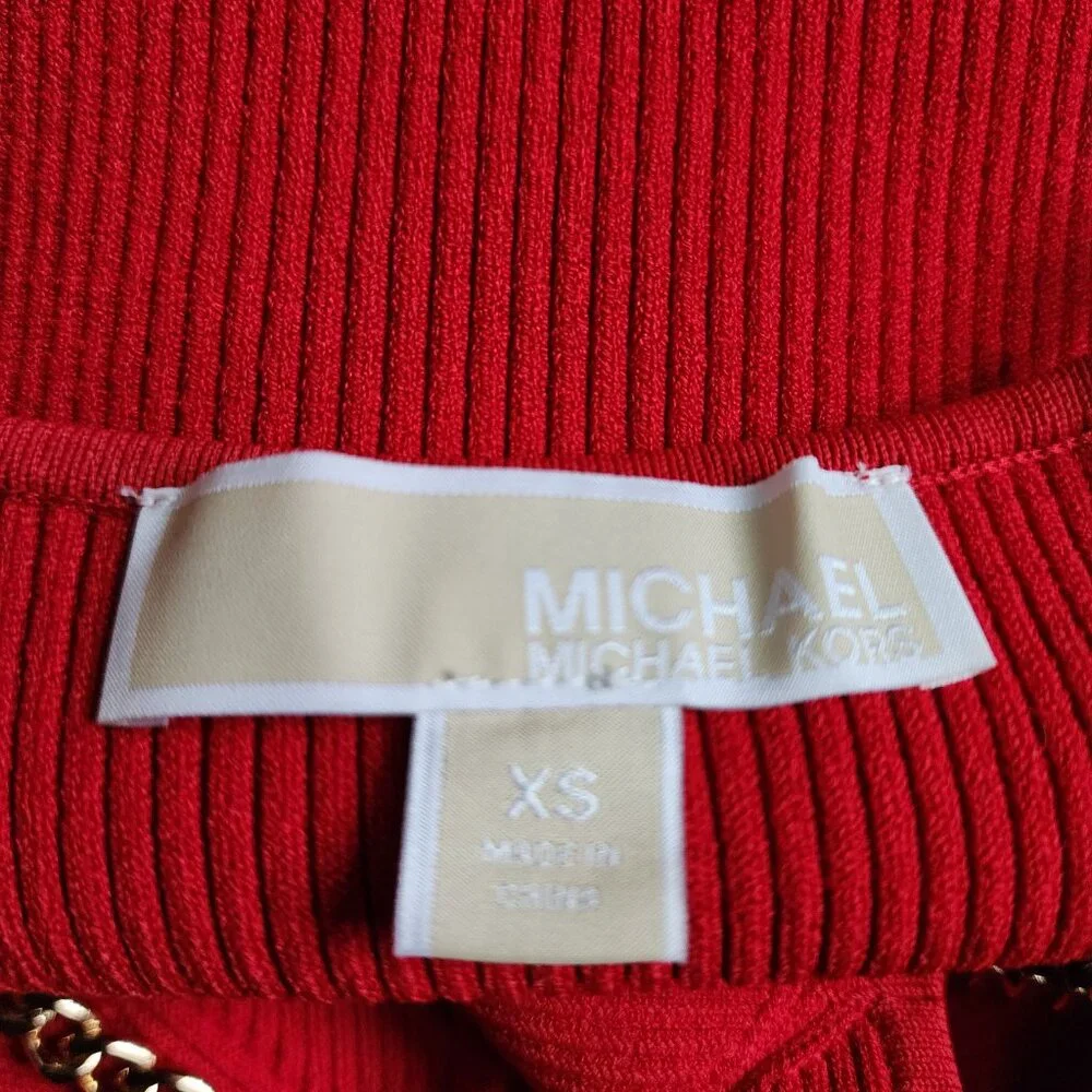 Michael Kors Dress Womens Size XS Red Ribbed Gold Logo Chain Bodycon Stretch - Picture 6 of 6